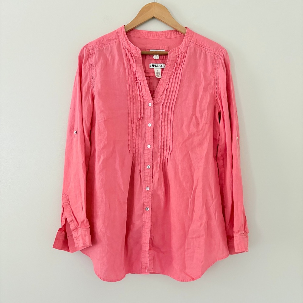 Malvin Button Down Shirt L Pink Linen Pintuck Pleated Roll Tab Sleeve Tunic